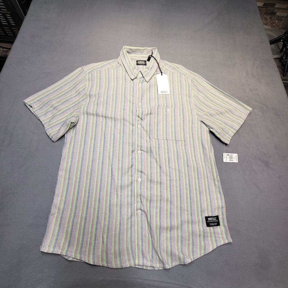 Wezc Linen Blend Shirt Mens M Striped Button‎ Up Short Sleeve